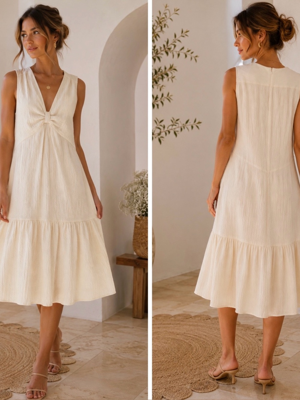 NWT Calvin Klein Cream Textured V-Neck Twist Front Tiered Midi Dress Size 4